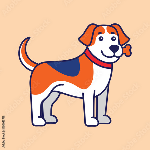 A cute cartoon dog with a bone stands on a peach background