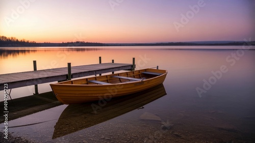 Rowboat Tied to Dock with Sunset Reflections