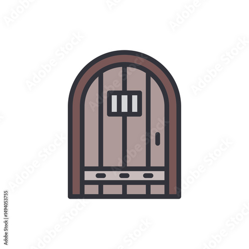 Arched Wooden Jail Door With Small Grated Window Illustration