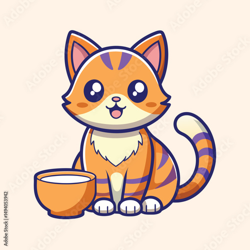 Adorable cartoon tiger cub with a bowl of milk sitting down