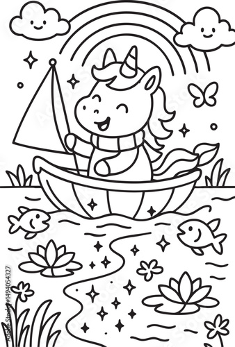 Whimsical Unicorn Scene for Children’s Coloring Book