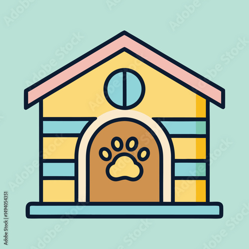 Colorful and Cheerful Dog House with Paw Print on Light Green Background