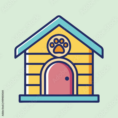 Colorful cartoon dog house with a paw print for a pet