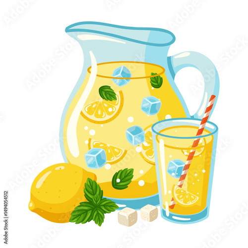 Lemonade jug and glass with full lemon, slices, mint leaves and ice cubes. Cartoon vector summer drink illustration 