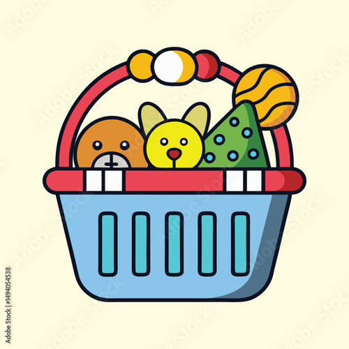 Toy basket overflowing with cute plush animals and colorful shapes illustration