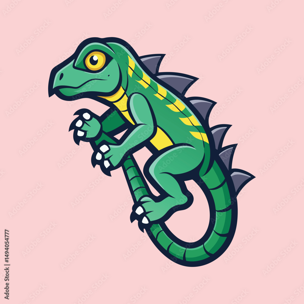 Fototapeta premium Cartoon Iguana with Green Scales Climbing a Tree Branch Vector Image