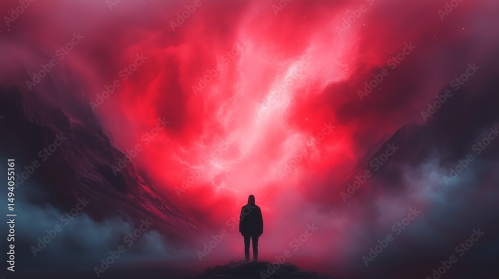 Fototapeta premium A lone figure gazes up at a striking red sky filled with clouds, surrounded by dark mountains during twilight. The atmosphere feels intense and mysterious