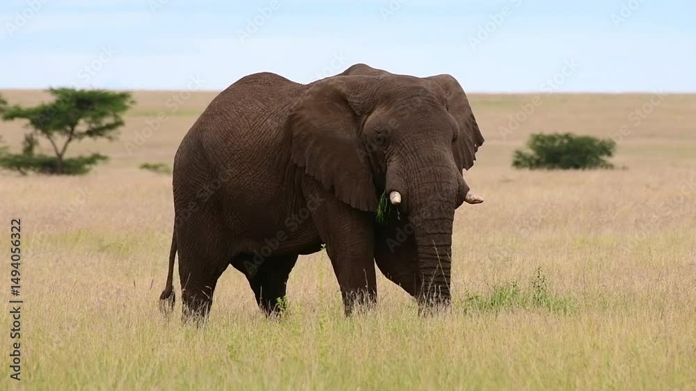 Slow motion elephant grazing in a grassland Slow motion elephant grazing in a grassland
