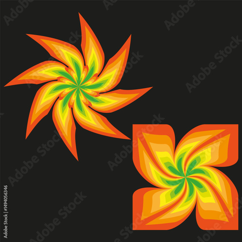 Psychedelic flower with swirling petals. Bright abstract vector with glowing effect.