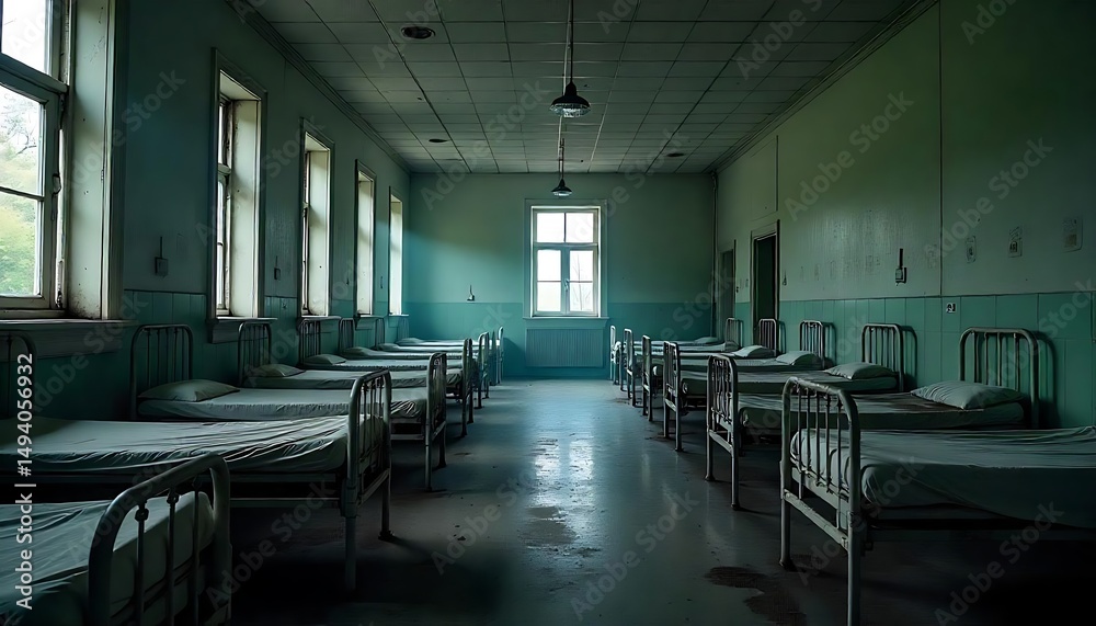 An abandoned hospital ward with rows of old metal beds, the room is dimly lit and has a gloomy, eerie atmosphere, created with generative ai An abandoned hospital ward with rows of old metal beds, the room is dimly lit and has a gloomy, eerie atmosphere, created with generative ai