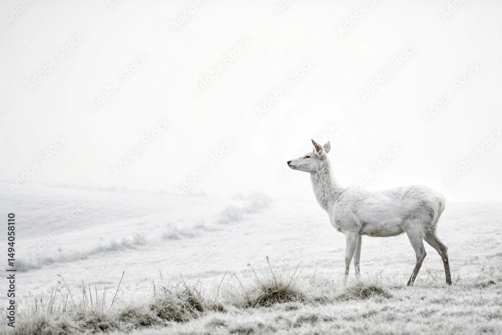 Fototapeta premium Ultra-minimalist fine art photograph of an albino deer standing alone in a meadow under soft overcast light. The entire scene is nearly white-on-white - generated by ai
