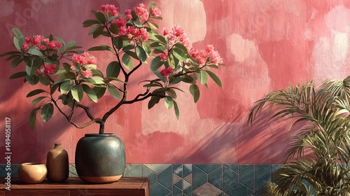 Vibrant pink wall displays a potted plant with delicate blooms.