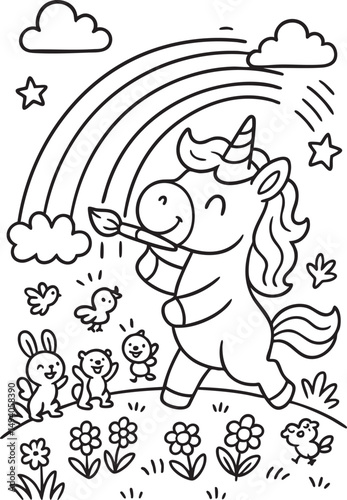 Whimsical Unicorn Scene for Children’s Coloring Book