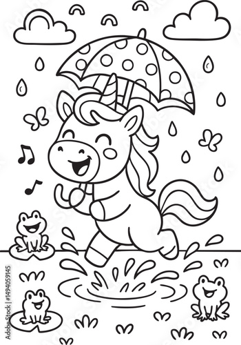 Whimsical Unicorn Scene for Children’s Coloring Book