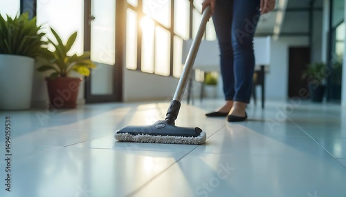 Wallpaper Mural  closeup of a hands Person vacuuming tiled floor modern office building is Large cleaning, created with generative ai Torontodigital.ca
