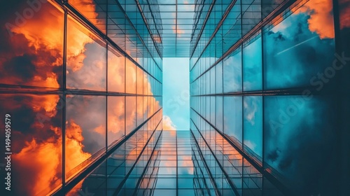Skyscraper's skyward view reflects clouds & blue sky