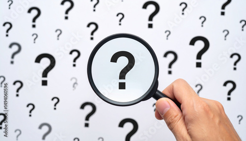 hand holding a magnifying glass, positioned on a background full of question marks