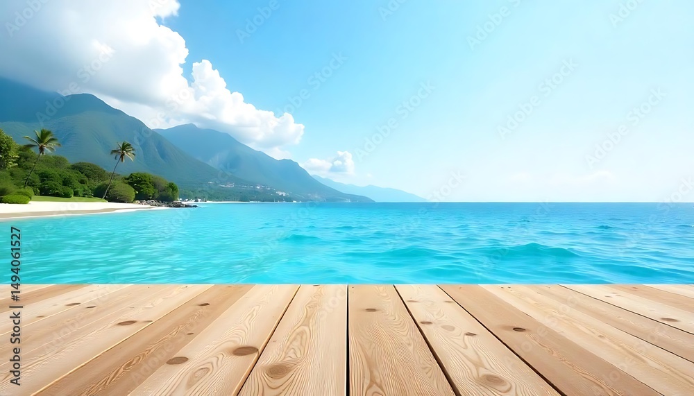 Fototapeta premium Empty wooden table over blurred lake and mountain background, product display montage, created with generative ai
