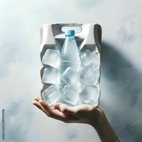 Water bottle and ice cubes arranged creatively for a refreshing summer beverage