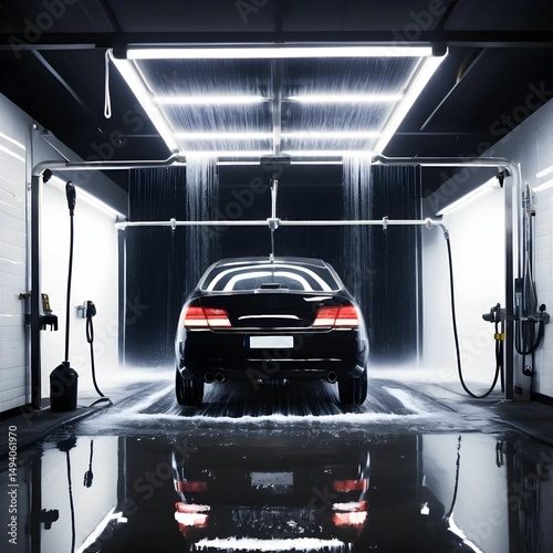 Car wash service in modern facility with bright lighting and water spray during evening hours