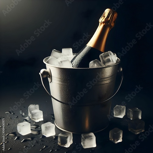 Chilled champagne bottle in ice bucket ready for celebration on elegant dark background