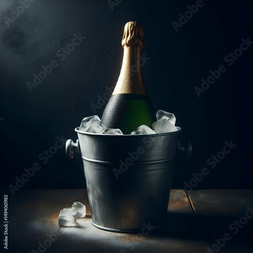 Chilled champagne bottle in a metal bucket filled with ice on a dark background perfect for celebrations