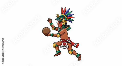 Aztec ballplayer with headdress holding ball