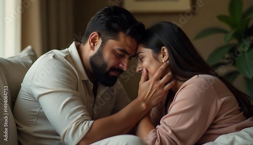 Loving husband indian man comforting consoling upset crying wife woman, created with generative ai