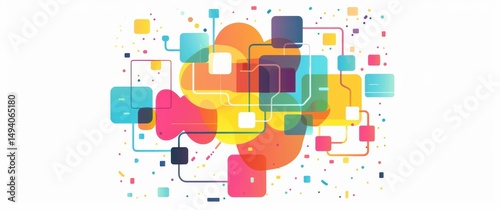 Abstract visualization of thought organized with flowing lines and flat design boxes and containers of color on a white background.