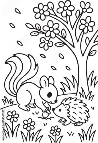 Spring Forest Scene with Blooming Flowers – Coloring Page