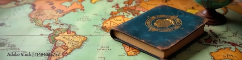 A well-worn passport rests on a vintage map, ready for a new adventure The globe subtly hints at the journey ahead, signifying exploration and travel , summer, vintage