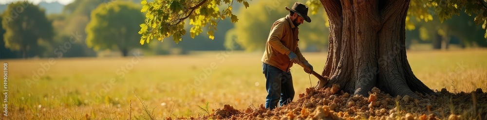 Fototapeta premium A worker carefully harvests cork bark from a mature cork oak tree, using traditional tools The sunlit scene showcases the sustainable process and the textured bark , harvest, material, traditional