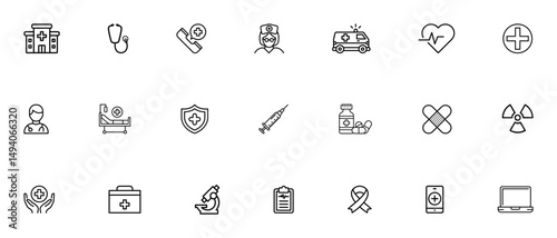 Hospital and medical health care outline icons set. Medical kit, hospital, emergency, stethoscope, report, healthcare, doctor, patient symbol. Health Care symbols. Medical icons for web and mobile app