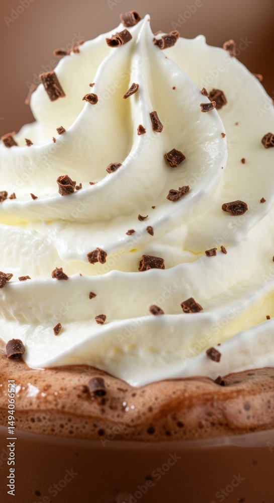 Fototapeta premium Indulgent hot chocolate crowned with fluffy whipped cream and adorned with delightful chocolate shavings, a sweet treat for any occasion.
