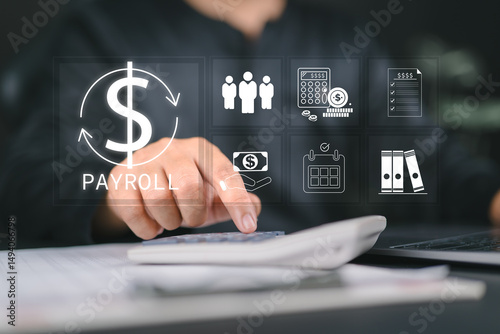 Payroll Management and Salary Processing System. Businessman calculates payroll, with icons representing employee salaries management, payment scheduling, efficient payroll, financial documentation,