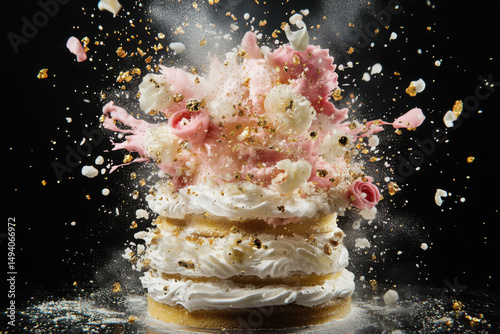 Delicious cake exploding with pink cream and gold foil on black background