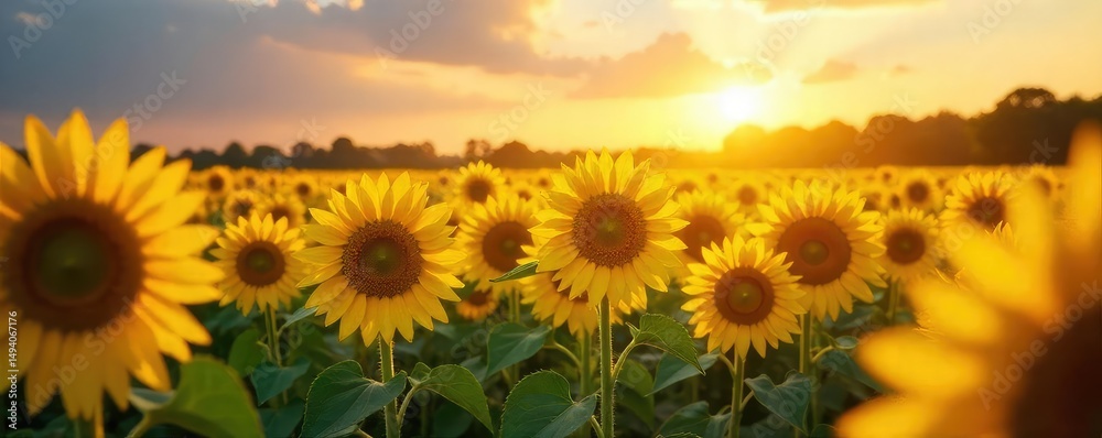 Fototapeta premium Golden hour sunlight bathes a field of sunflowers, creating a vibrant, fair yellow landscape Perfect for summer, nature, and harvest themes , sun, light