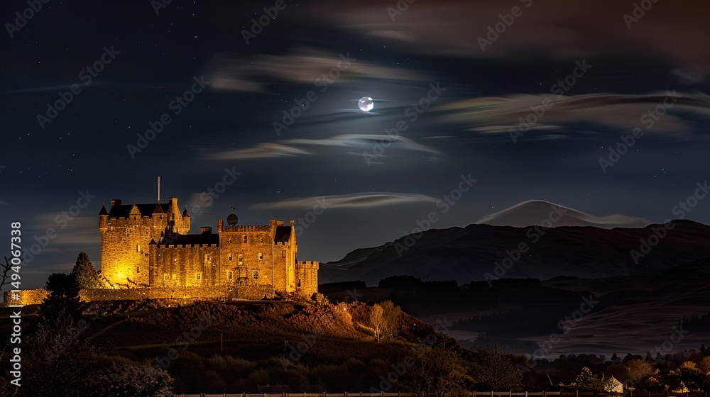 Fototapeta premium Enchanted Reverie: A Nocturnal Tapestry Woven Around the Castle Under Moonlight