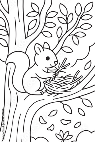 Spring Forest Scene with Blooming Flowers – Coloring Page