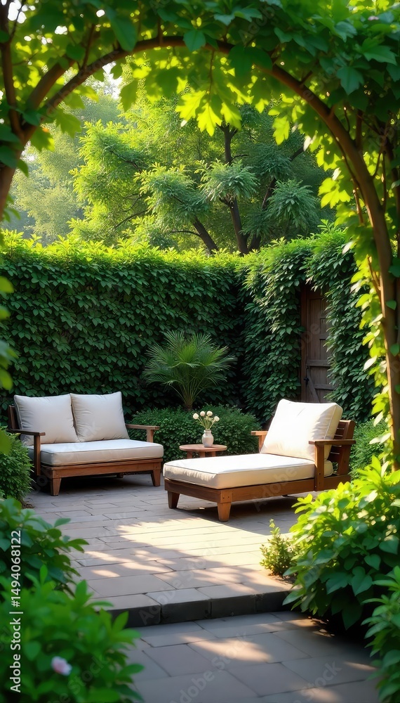Fototapeta premium Serene backyard oasis featuring lush greenery, comfortable patio furniture, and a tranquil atmosphere perfect for relaxation and unwinding , wood, fauna