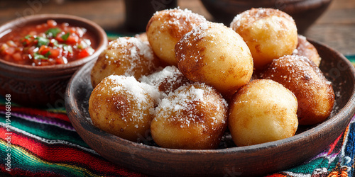 papas arrugadas con salsa de  mojo en una mesa rustica generativa IA