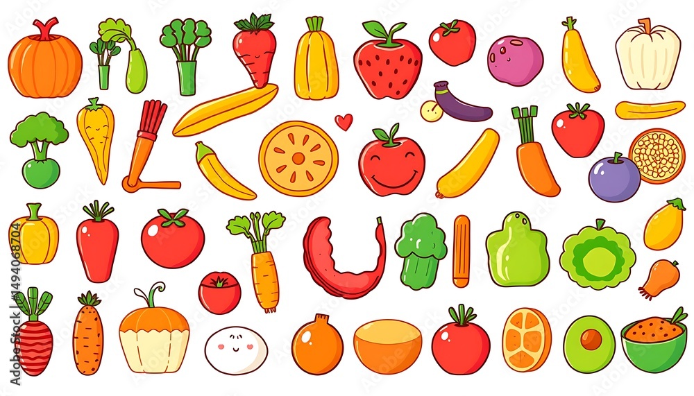 Obraz premium A set of healthy food icons like vegetables, fruits, and grains, bright and fun