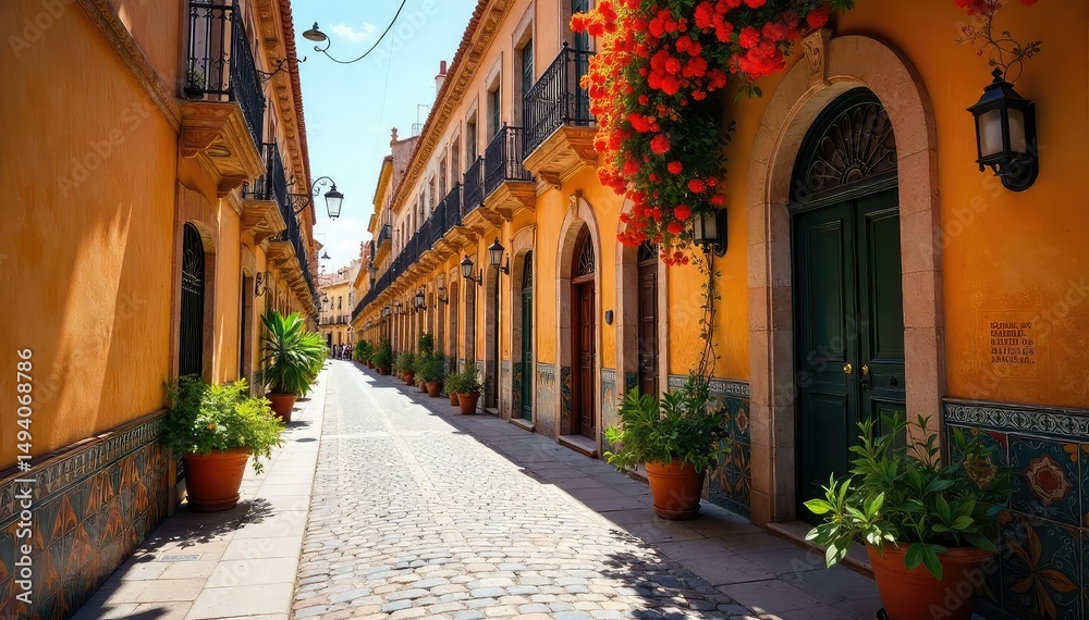 Fototapeta premium Sun-drenched Seville streets, vibrant orange blossoms, intricate tilework on historic buildings A classic Andalusian scene, capturing the essence of southern Spain's beauty , vacation, colorful