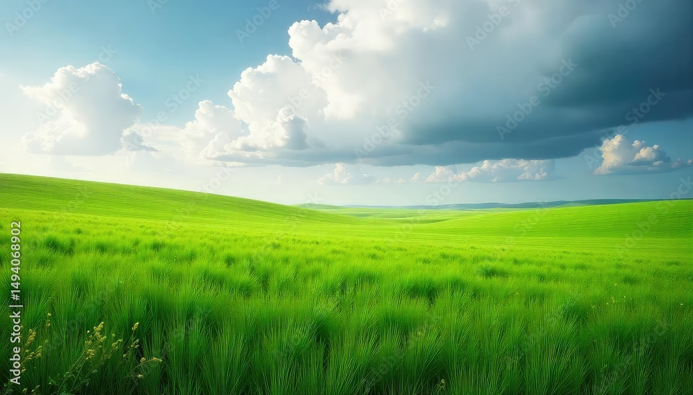 Naklejka premium Vast, flat expanse of grassland stretching to the horizon under a dramatic sky Perfect for illustrating concepts of freedom, openness, and the beauty of untouched nature , geography, background