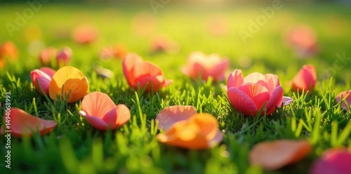Vibrant fallen flower petals scattered on lush green grass, bathed in soft sunlight Perfect for spring, nature, and floral themes Close-up detail showcases delicate textures , delicate, outdoor