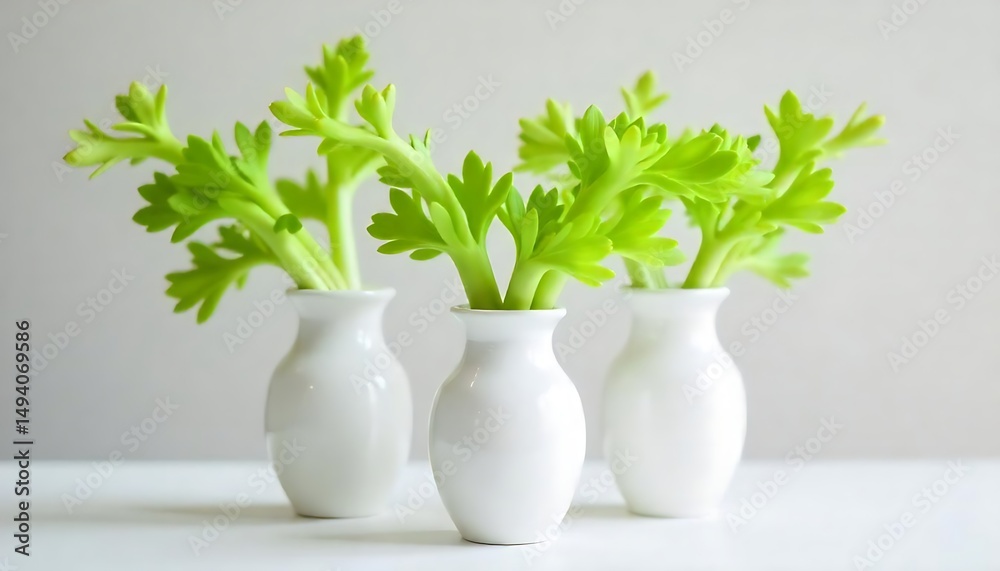 Fototapeta premium White Ceramic Vases with Celery Arrangement, created with generative ai