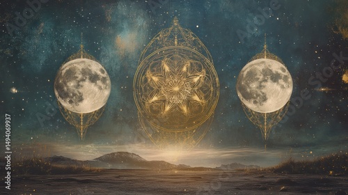 Mystical cosmic landscape featu glowing golden moon and two silver moons with intricate celestial patterns in a starry night sky over a distant mountain range photo
