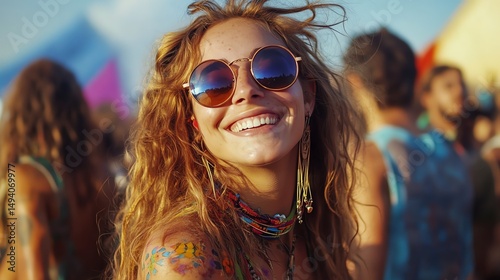 Illustration of a young woman wearing sunglasses, smiling, having fun at a festival