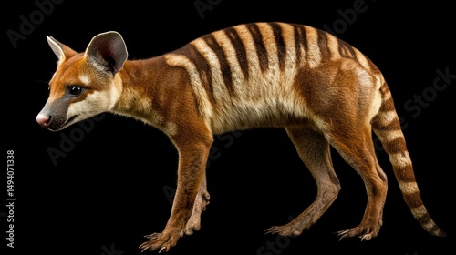 Beautifully detailed, high-resolution image of a rare and exotic brown and tan striped binturong or bearcat with bushy tail and claws walking against a solid black background photo