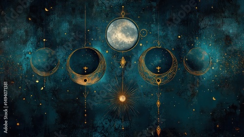 Wallpaper Mural Celestial Moon Phases Zodiac Chart with Night Sky Background Artistic Astrology Illustration for Mystical Spiritual Constellation Design Torontodigital.ca